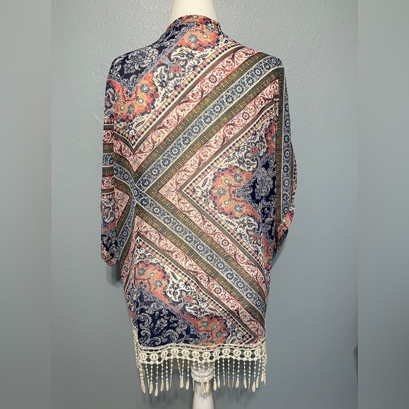 Anthropologie Eyeshadow Paisley Boho Kimono Lace Fringe Open Front Western Large - Picture 4 of 7